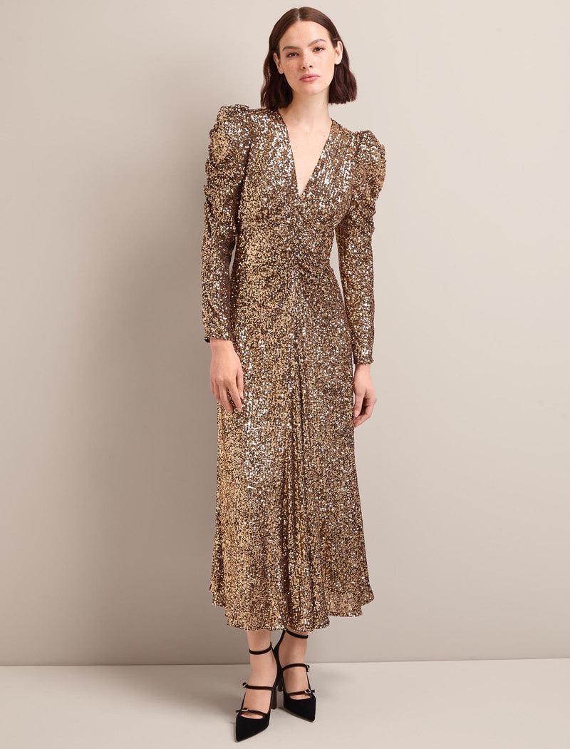 Ophelia Bias Cut Sequin Maxi Dress - Gold