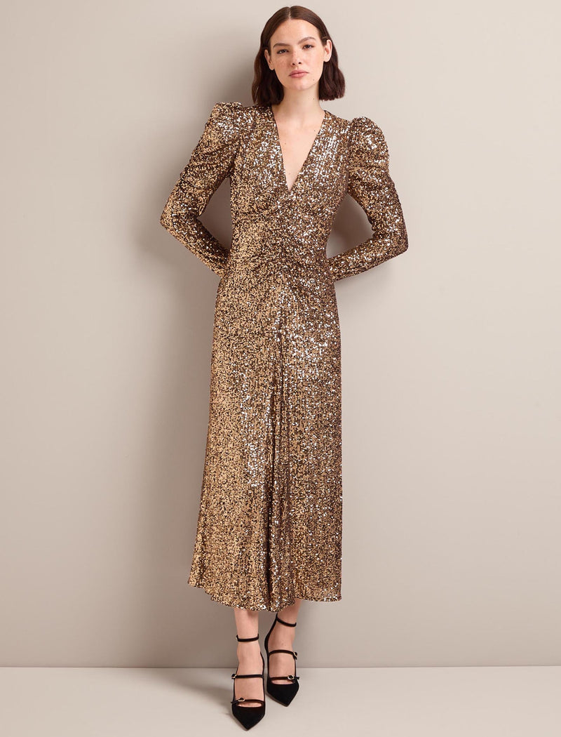 Ophelia Bias Cut Sequin Maxi Dress - Gold