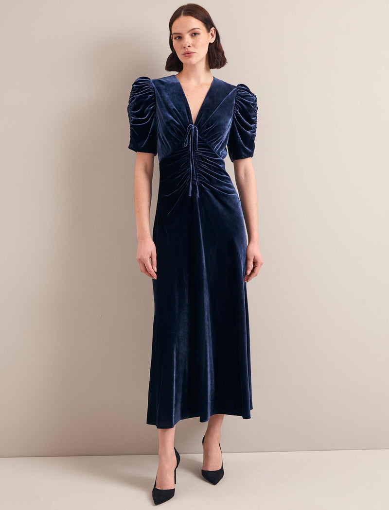 Ophelia Bias Cut Velvet Maxi Dress - Navy