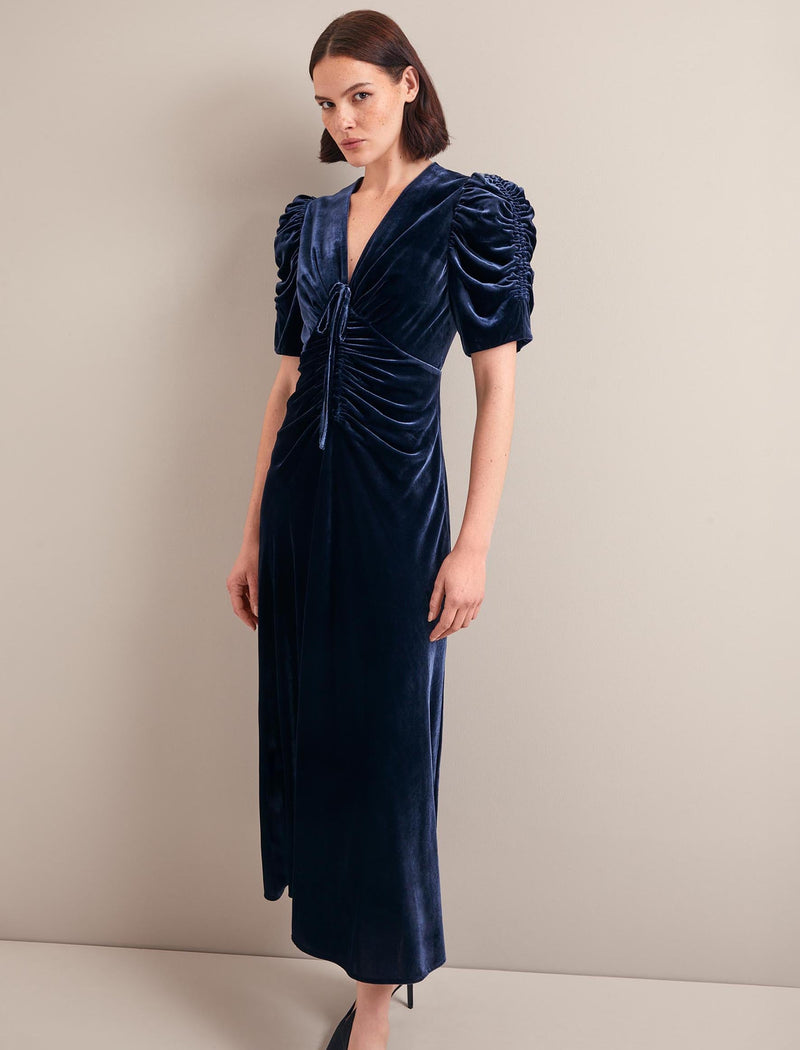 Ophelia Bias Cut Velvet Maxi Dress - Navy