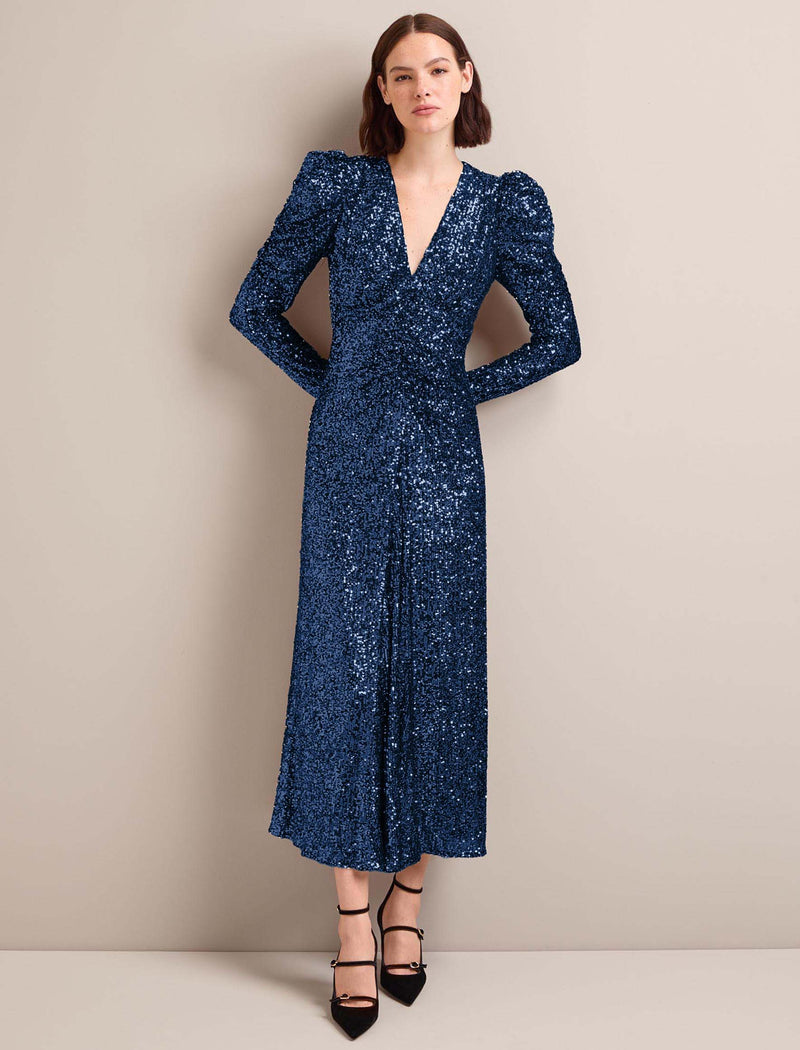 Ophelia Bias Cut Sequin Maxi Dress - Navy