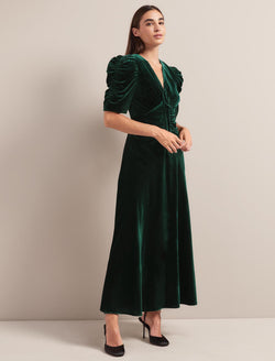 Ophelia Bias Cut Velvet Maxi Dress - Dark Green