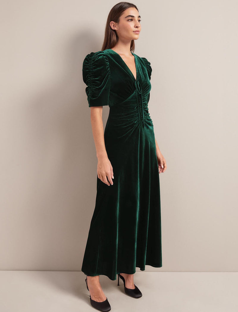 Ophelia Bias Cut Velvet Maxi Dress - Dark Green