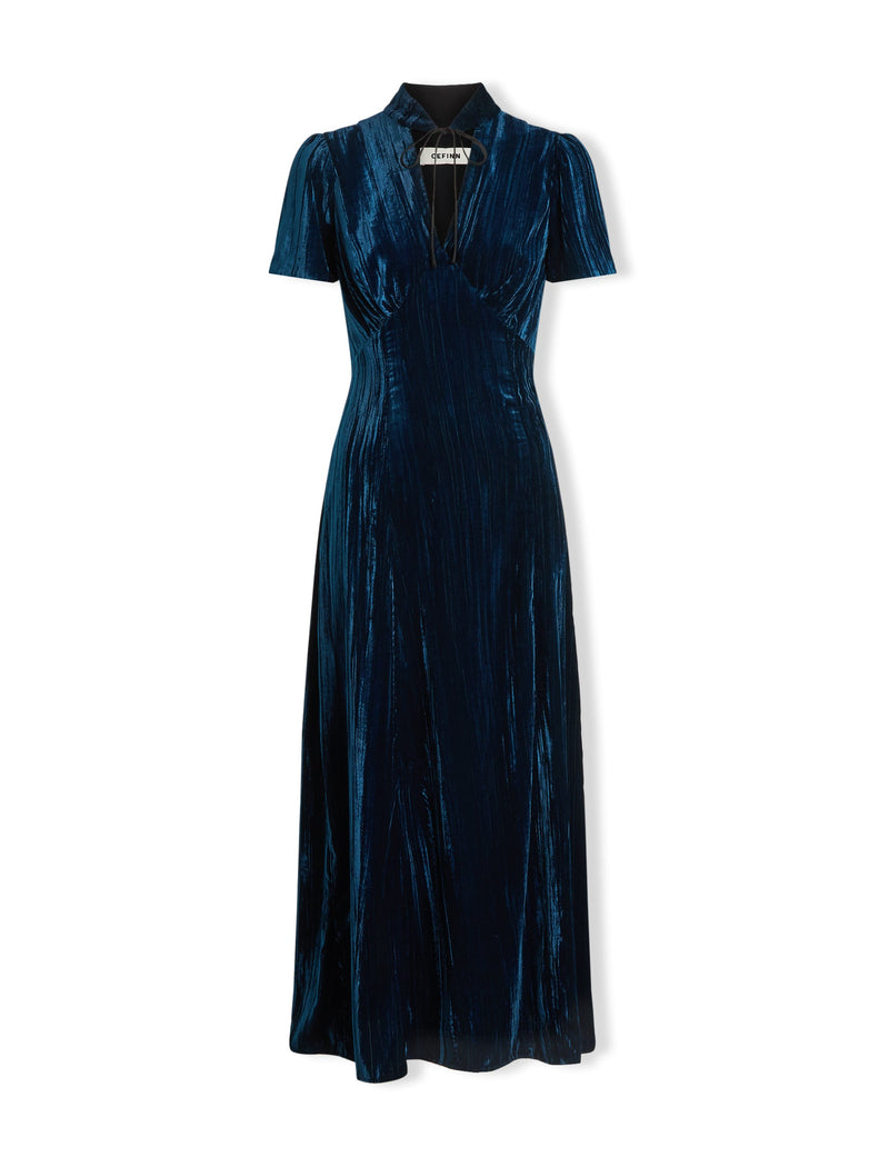 Jacquetta Plisse Velvet Bias Cut Maxi Dress - Dark Blue