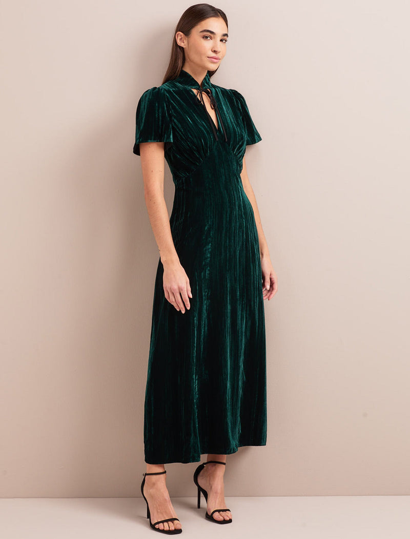 Jacquetta Plisse Velvet Bias Cut Maxi Dress - Green