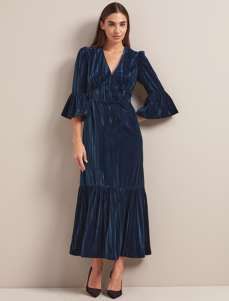 Daphne Plisse Velvet V Neck Maxi Dress - Dark Blue