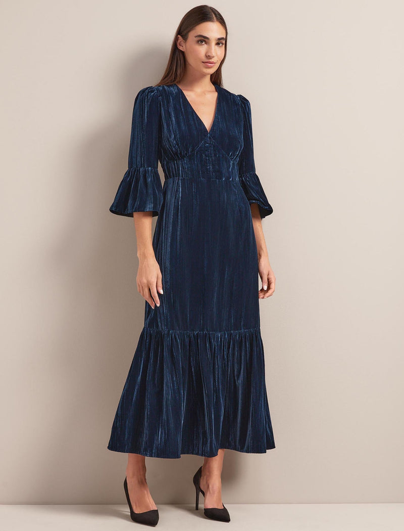 Daphne Plisse Velvet V Neck Maxi Dress - Dark Blue