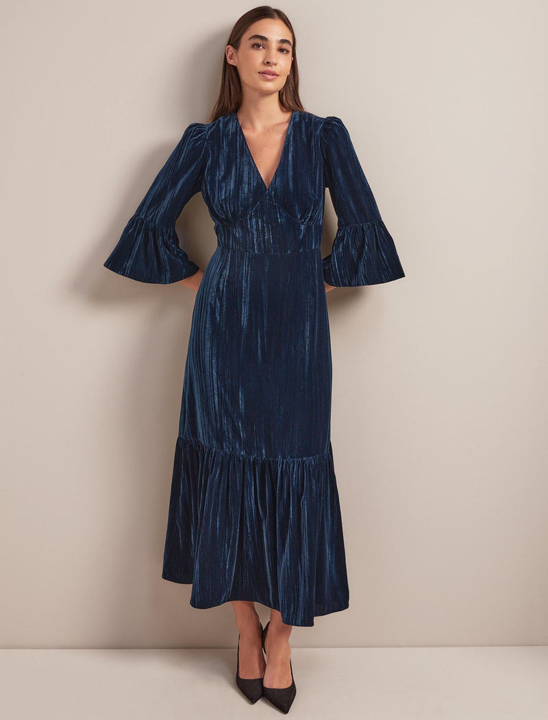 Daphne Plisse Velvet V Neck Maxi Dress - Dark Blue