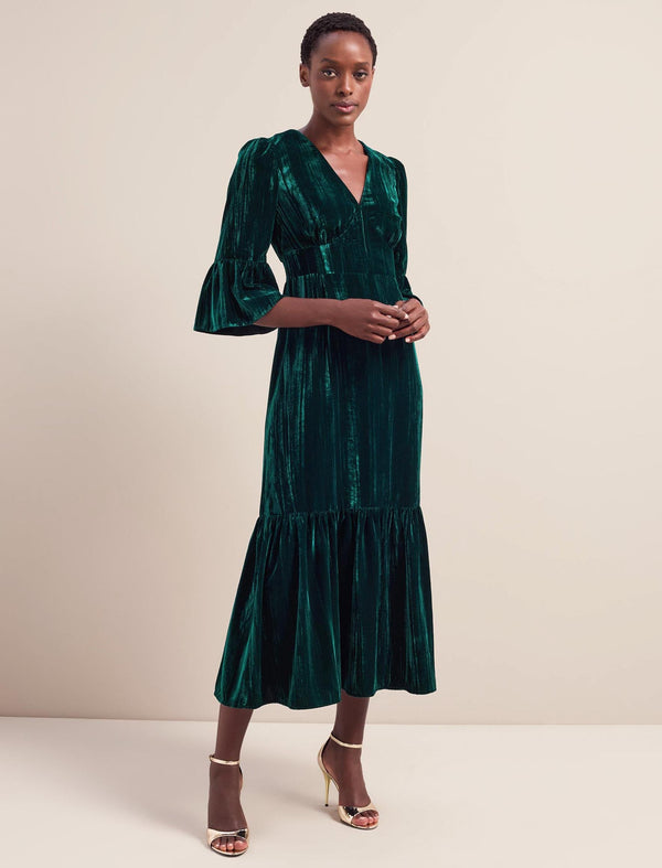 Daphne Plisse Velvet V Neck Maxi Dress - Green