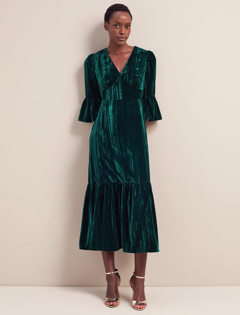 Daphne Plisse Velvet V Neck Maxi Dress - Green