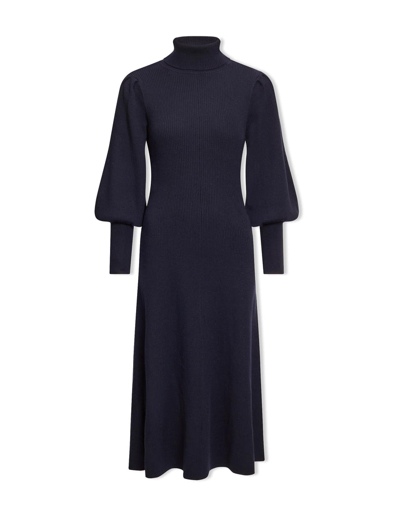 Eva Merino Wool Roll Neck Dress - Navy