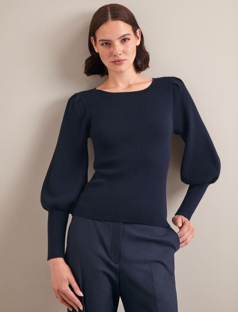 Eva Wool Boat Neck Jumper - Navy