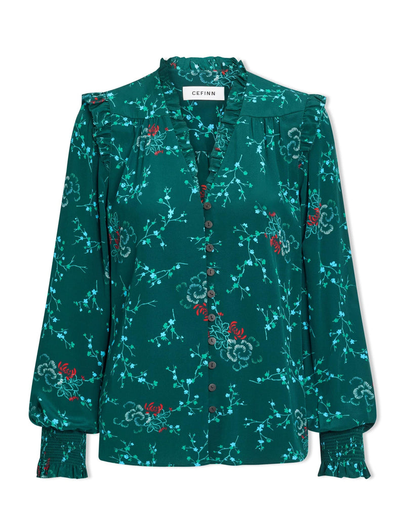 Stella Silk Shirt - Green Lotus Print