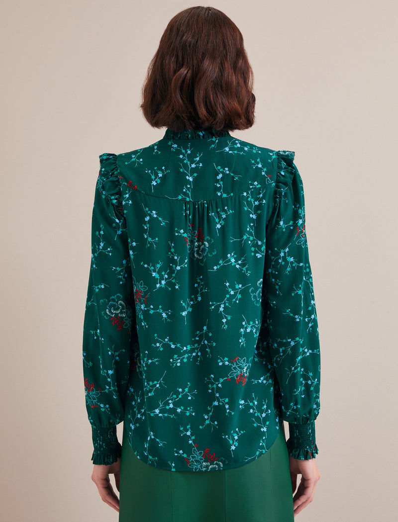 Stella Silk Shirt - Green Lotus Print