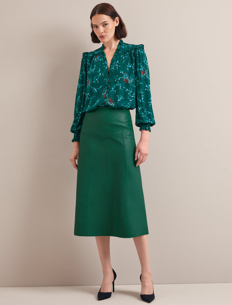 Stella Silk Shirt - Green Lotus Print