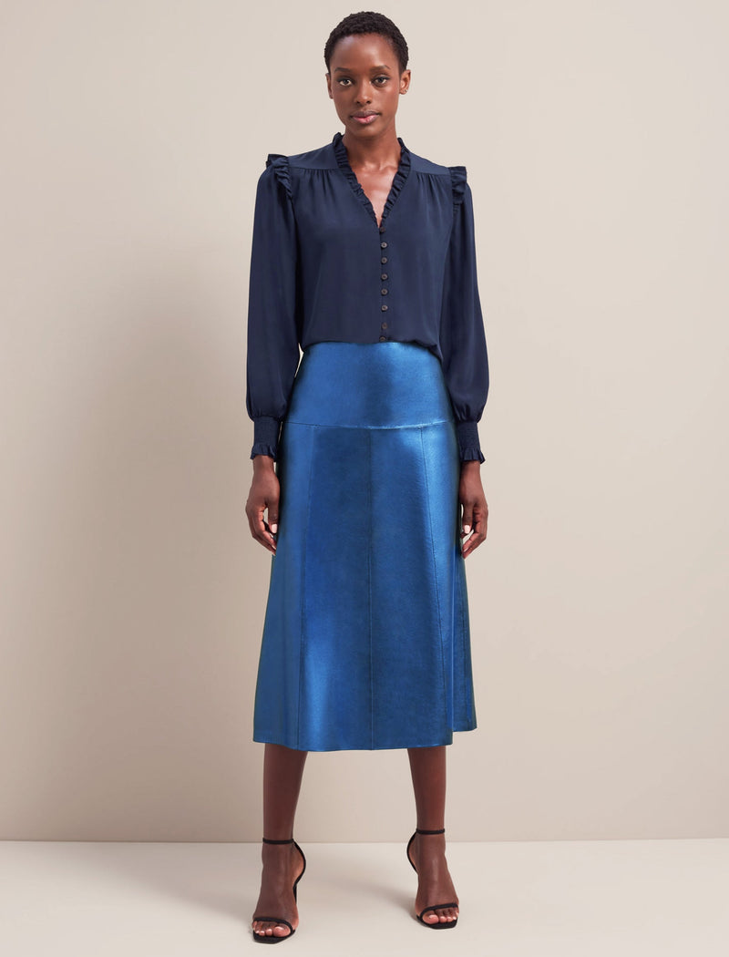 Tiana Leather Midi Skirt - Metallic Blue