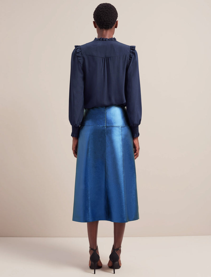 Tiana Leather Midi Skirt - Metallic Blue