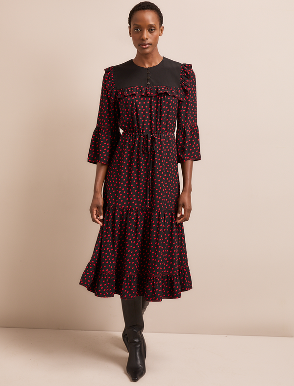 Celia Midi Dress - Black Red Polka Dot Print