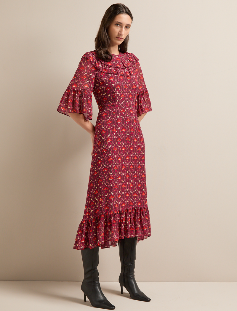 Isabella Fil Coupé Maxi Dress - Rust Burgundy Carnation Print