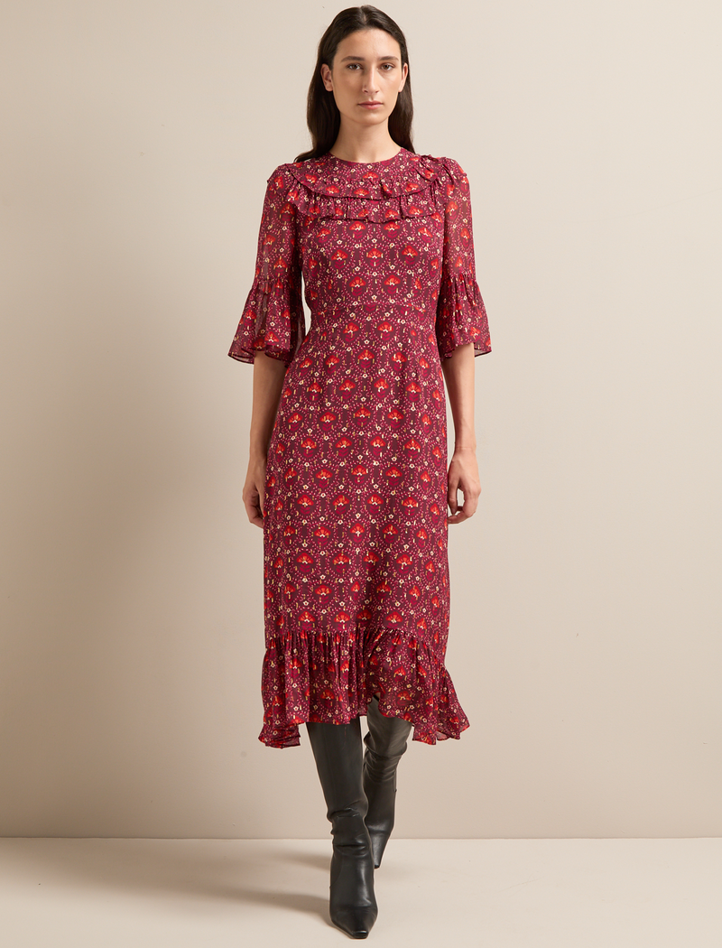 Isabella Fil Coupé Maxi Dress - Rust Burgundy Carnation Print