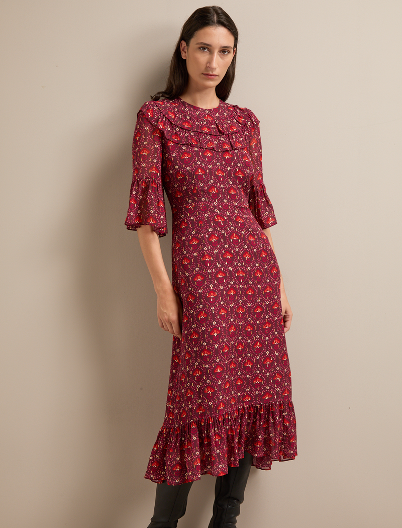 Isabella Fil Coupé Maxi Dress - Rust Burgundy Carnation Print