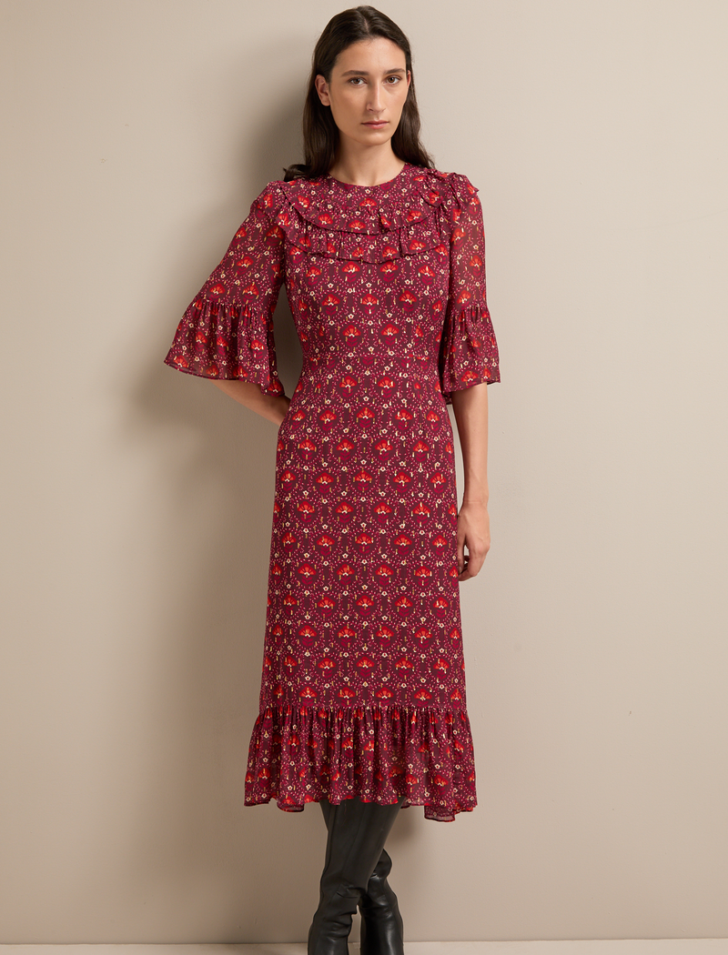 Isabella Fil Coupé Maxi Dress - Rust Burgundy Carnation Print
