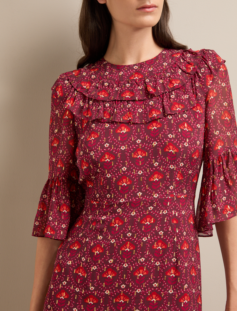 Isabella Fil Coupé Maxi Dress - Rust Burgundy Carnation Print