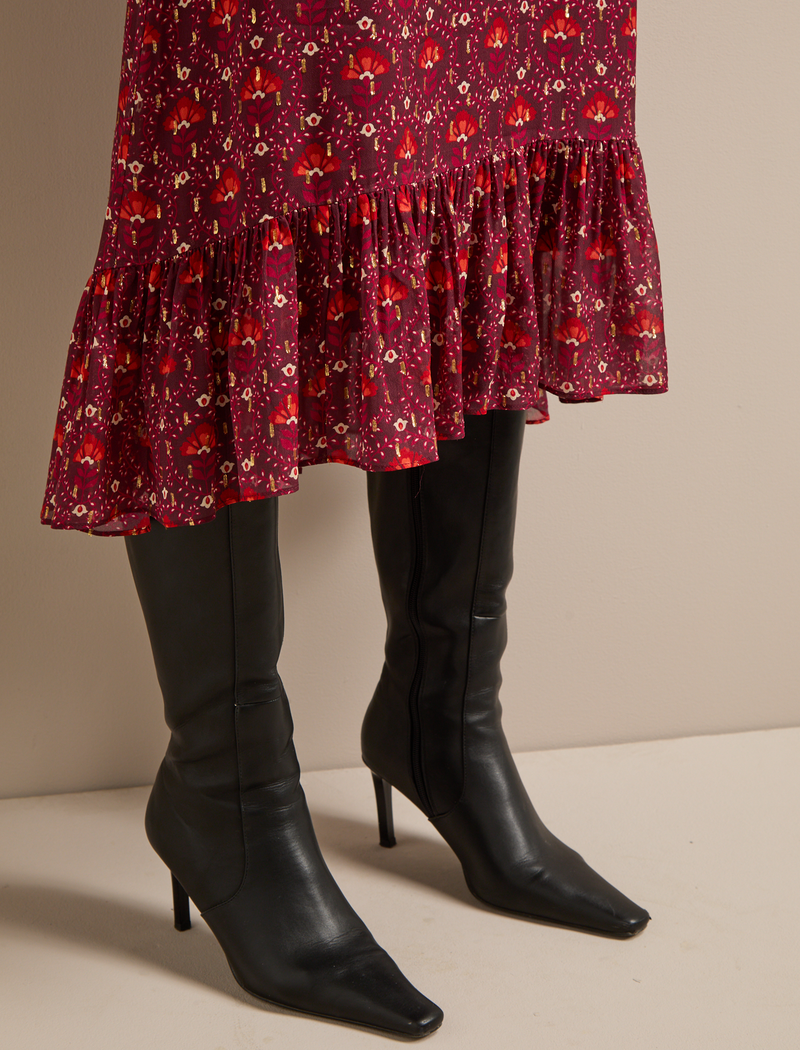 Isabella Fil Coupé Maxi Dress - Rust Burgundy Carnation Print