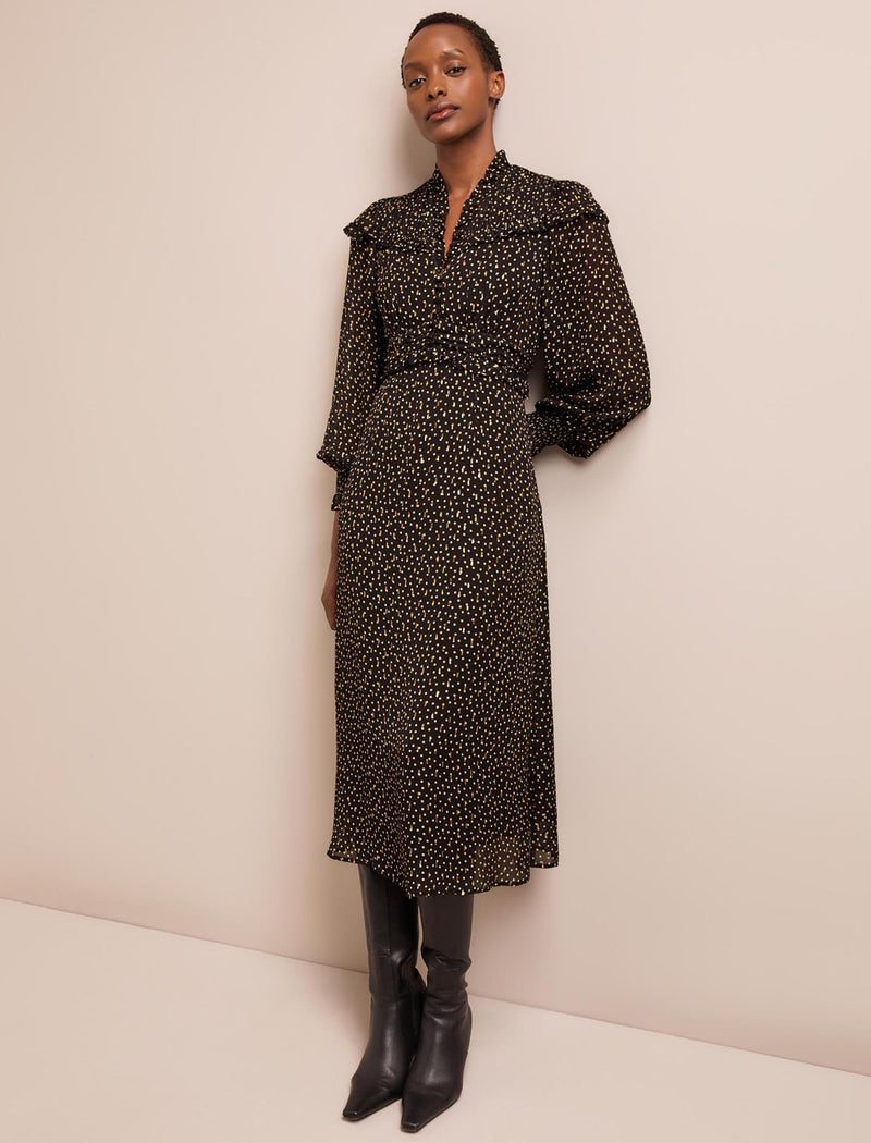 Arabella Fil Coupé Maxi Dress - Black Cream Polka Dot Print