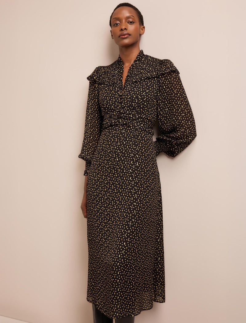 Arabella Fil Coupé Maxi Dress - Black Cream Polka Dot Print