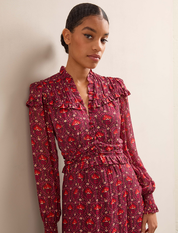 Arabella Fil Coupé Maxi Dress - Rust Burgundy Carnation Print