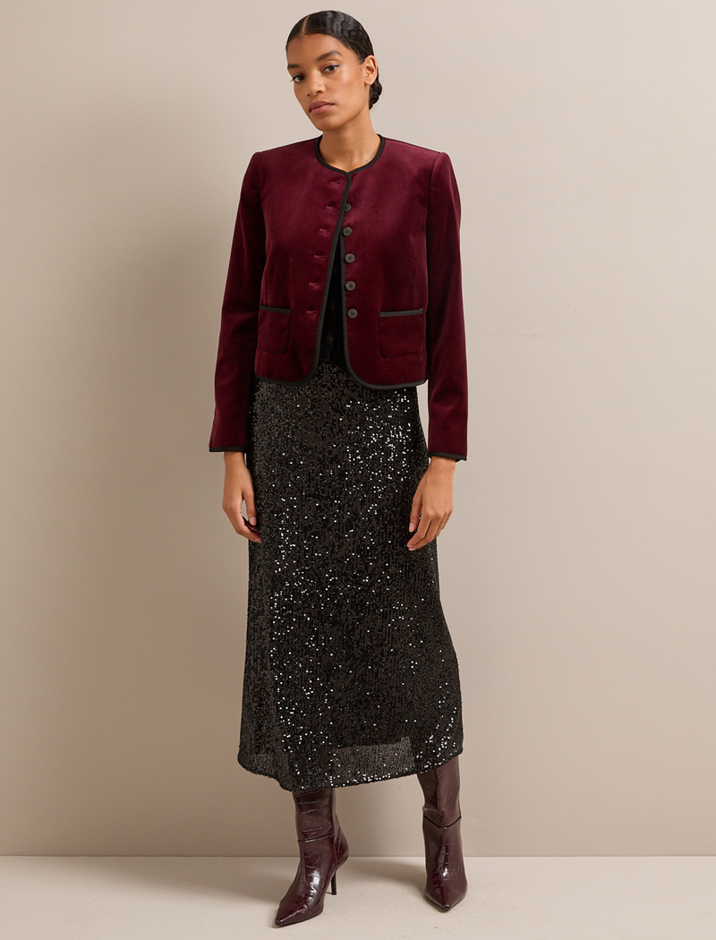 Juno Cropped Velvet Jacket - Burgundy