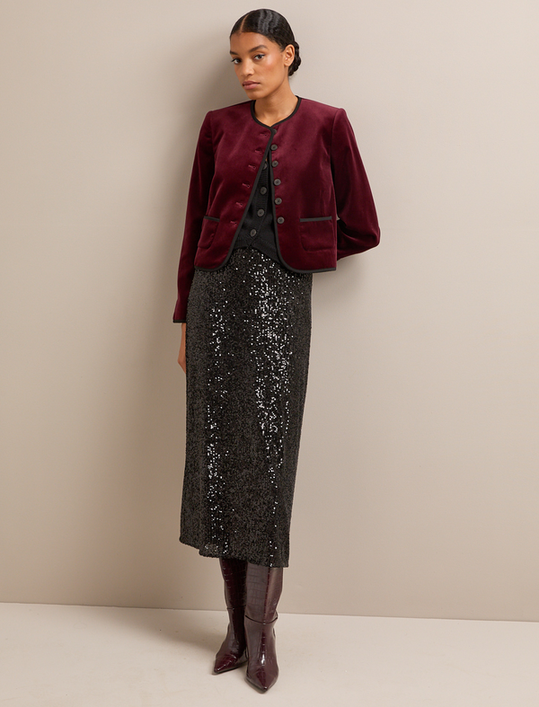 Juno Cropped Velvet Jacket - Burgundy