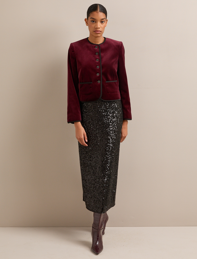 Juno Cropped Velvet Jacket - Burgundy