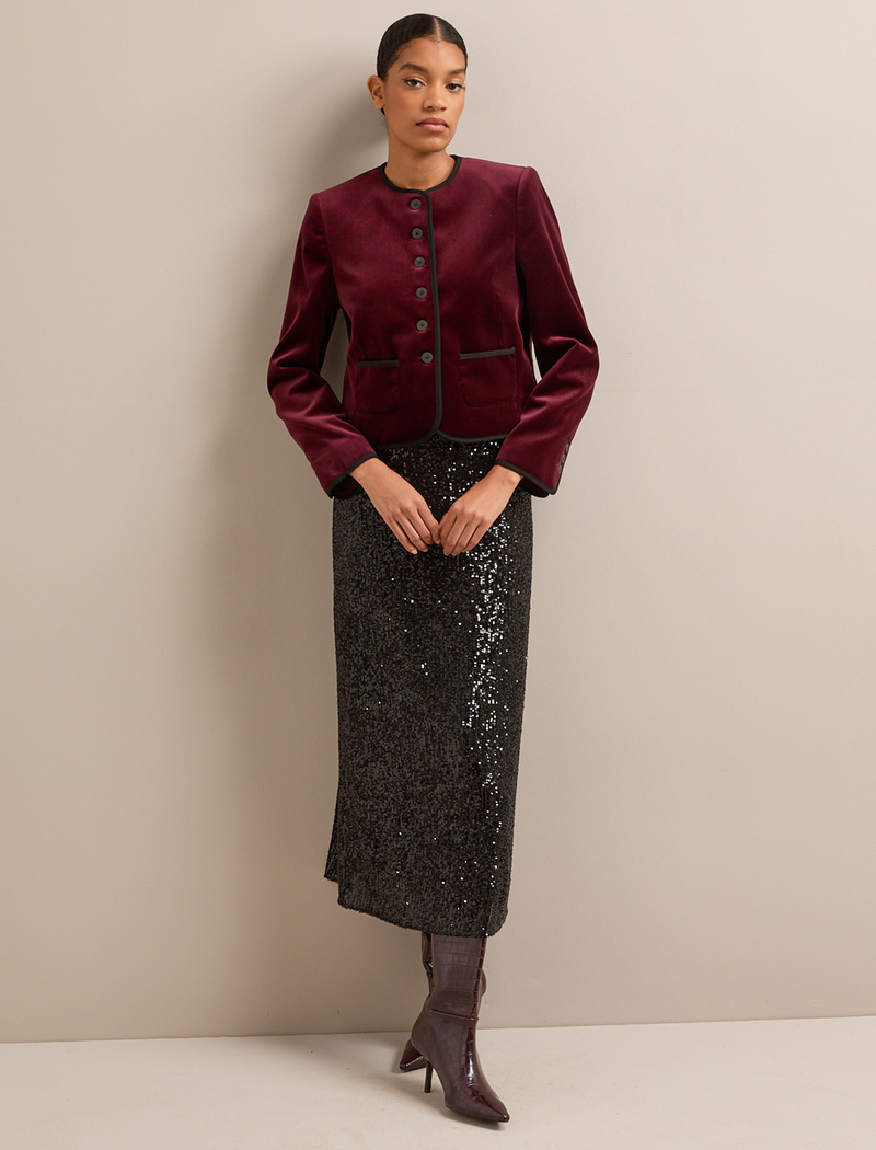 Juno Cropped Velvet Jacket - Burgundy