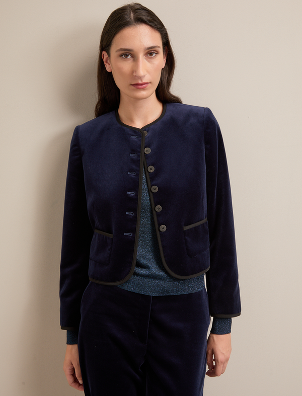 Juno Cropped Velvet Jacket - Navy