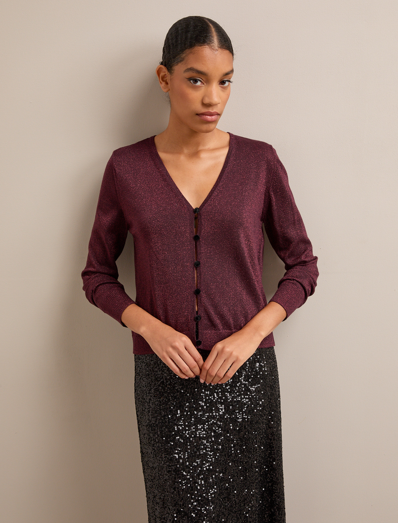 Vinnie Metallic V-Neck Cardigan - Burgundy