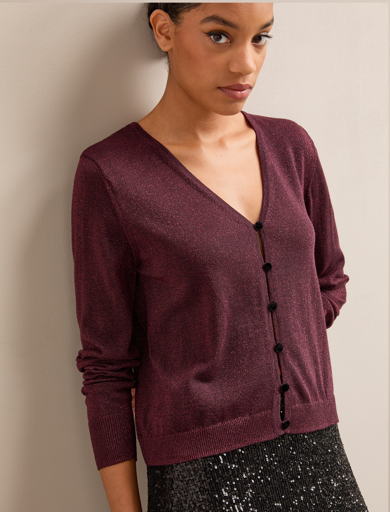 Vinnie Metallic V-Neck Cardigan - Burgundy