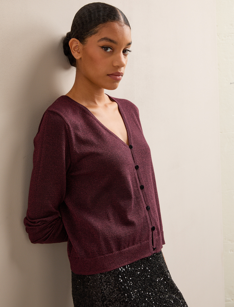 Vinnie Metallic V-Neck Cardigan - Burgundy