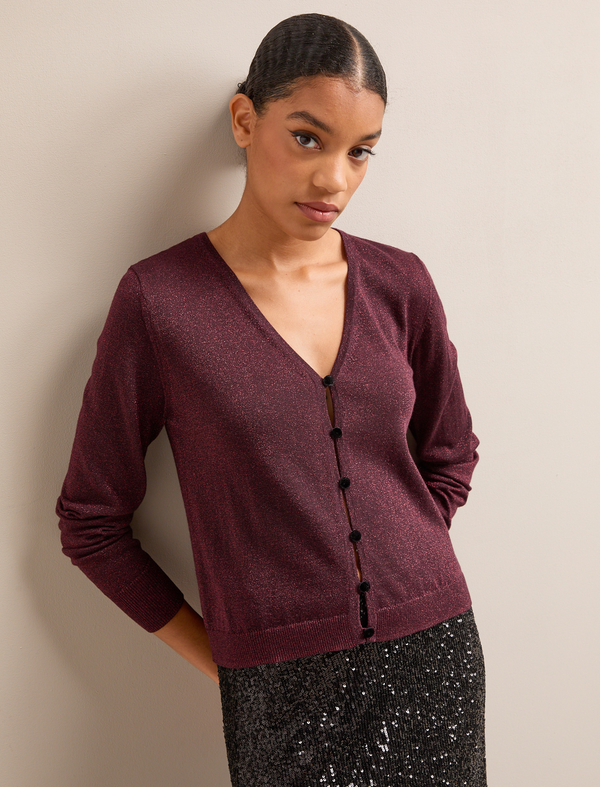 Vinnie Metallic V-Neck Cardigan - Burgundy