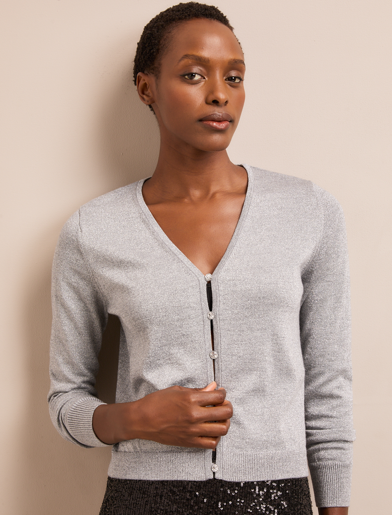 Vinnie Metallic V-Neck Cardigan - Silver