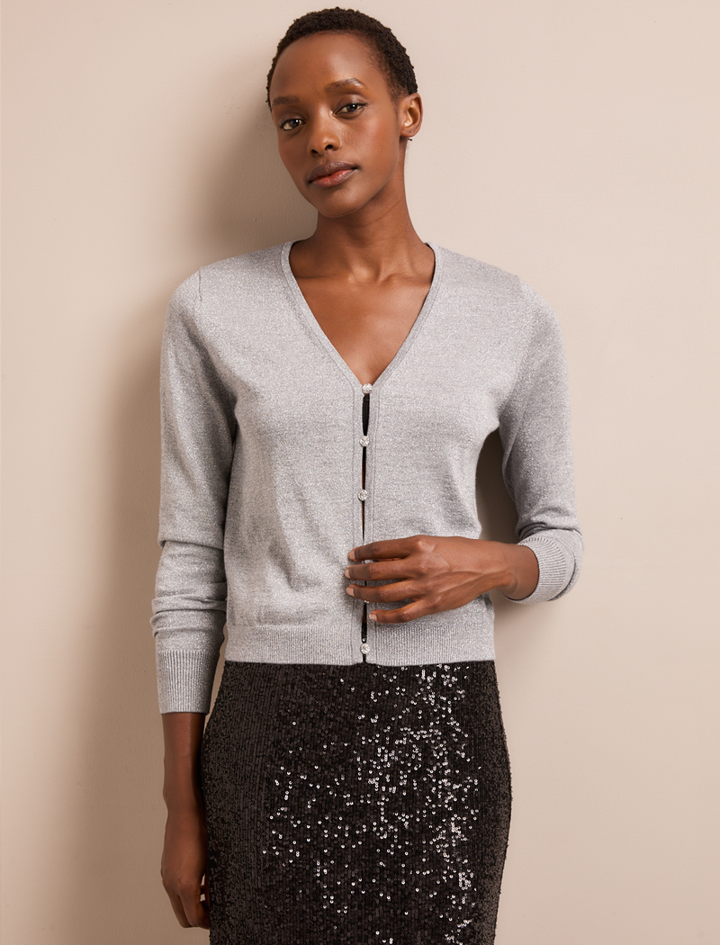 Vinnie Metallic V-Neck Cardigan - Silver