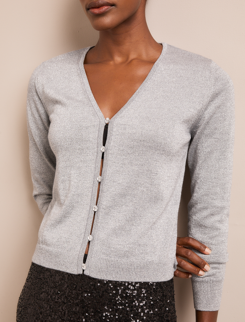Vinnie Metallic V-Neck Cardigan - Silver