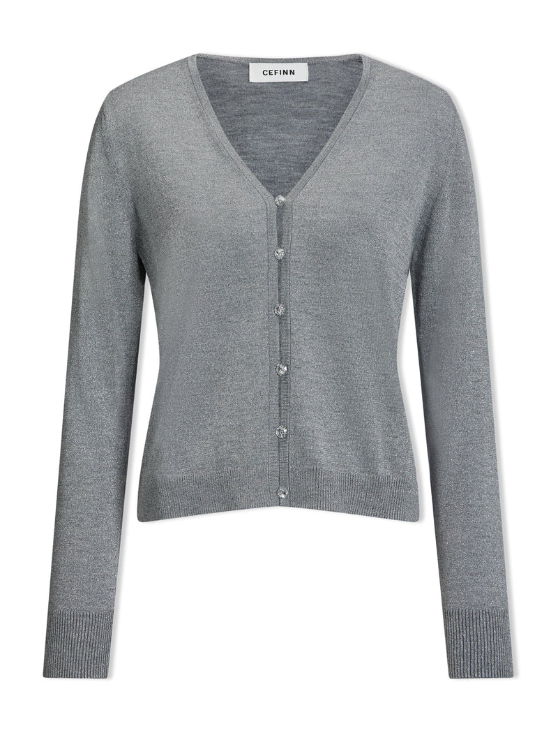 Vinnie Metallic V-Neck Cardigan - Silver