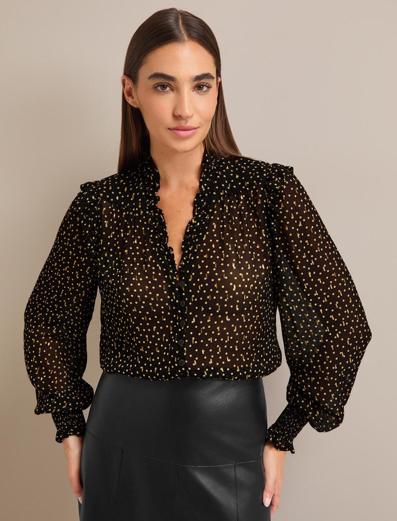 Stella Fil Coupé Blouse - Black Cream Polka Dot Print