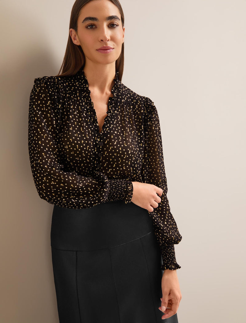 Stella Fil Coupé Blouse - Black Cream Polka Dot Print