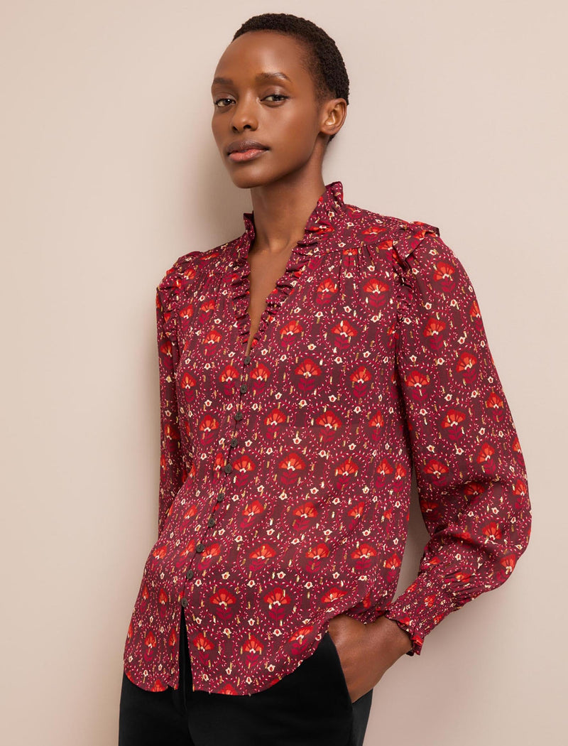 Stella Fil Coupé Blouse - Rust Burgundy Carnation Print