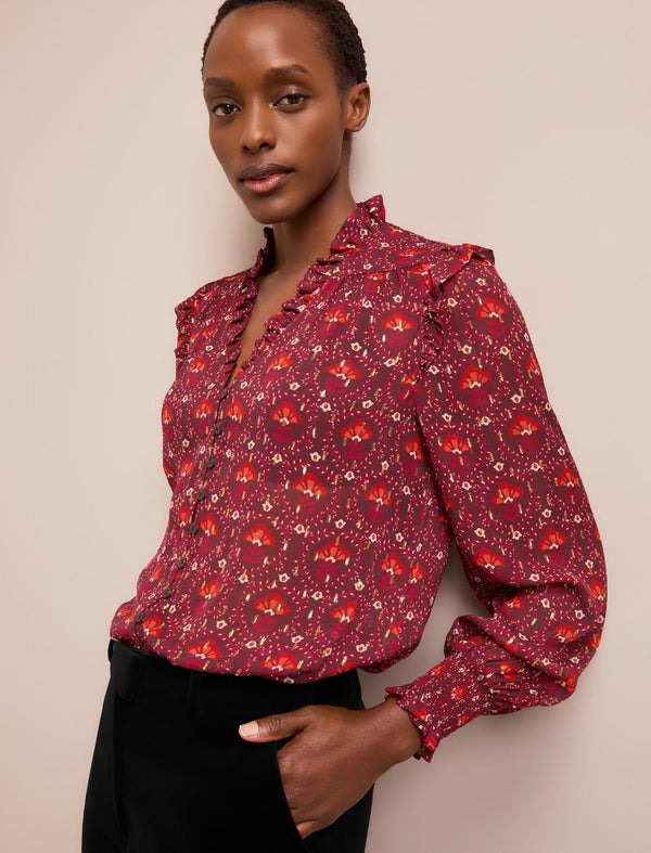 Stella Fil Coupé Blouse - Rust Burgundy Carnation Print