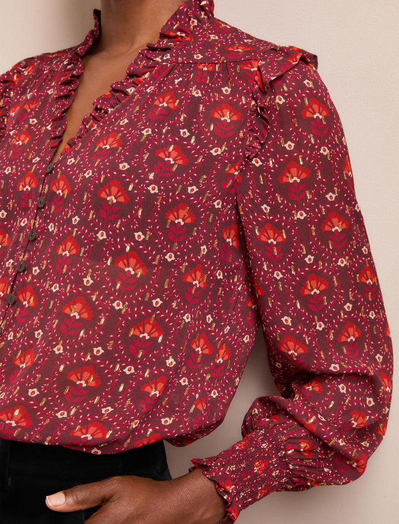 Stella Fil Coupé Blouse - Rust Burgundy Carnation Print