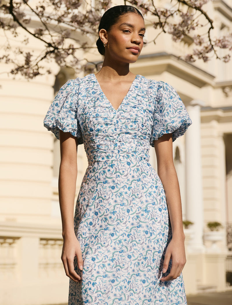 Elisa Silk Blend Midi Dress - Blue Trailing Feather Print